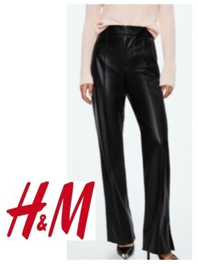 H&M Black Vegan Leather Trousers Coated Pants Faux Straight Leg Women's 6